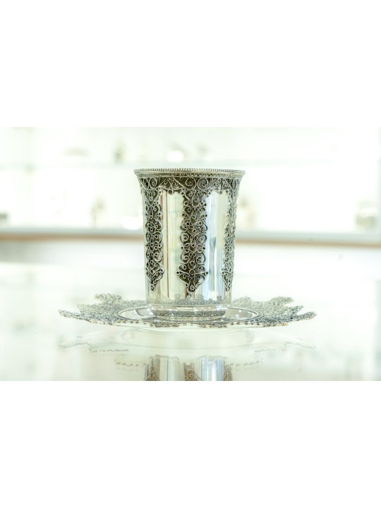 Silver Kiddush Cup with Unique Filigree , Passover Gifts , Israeli Jud