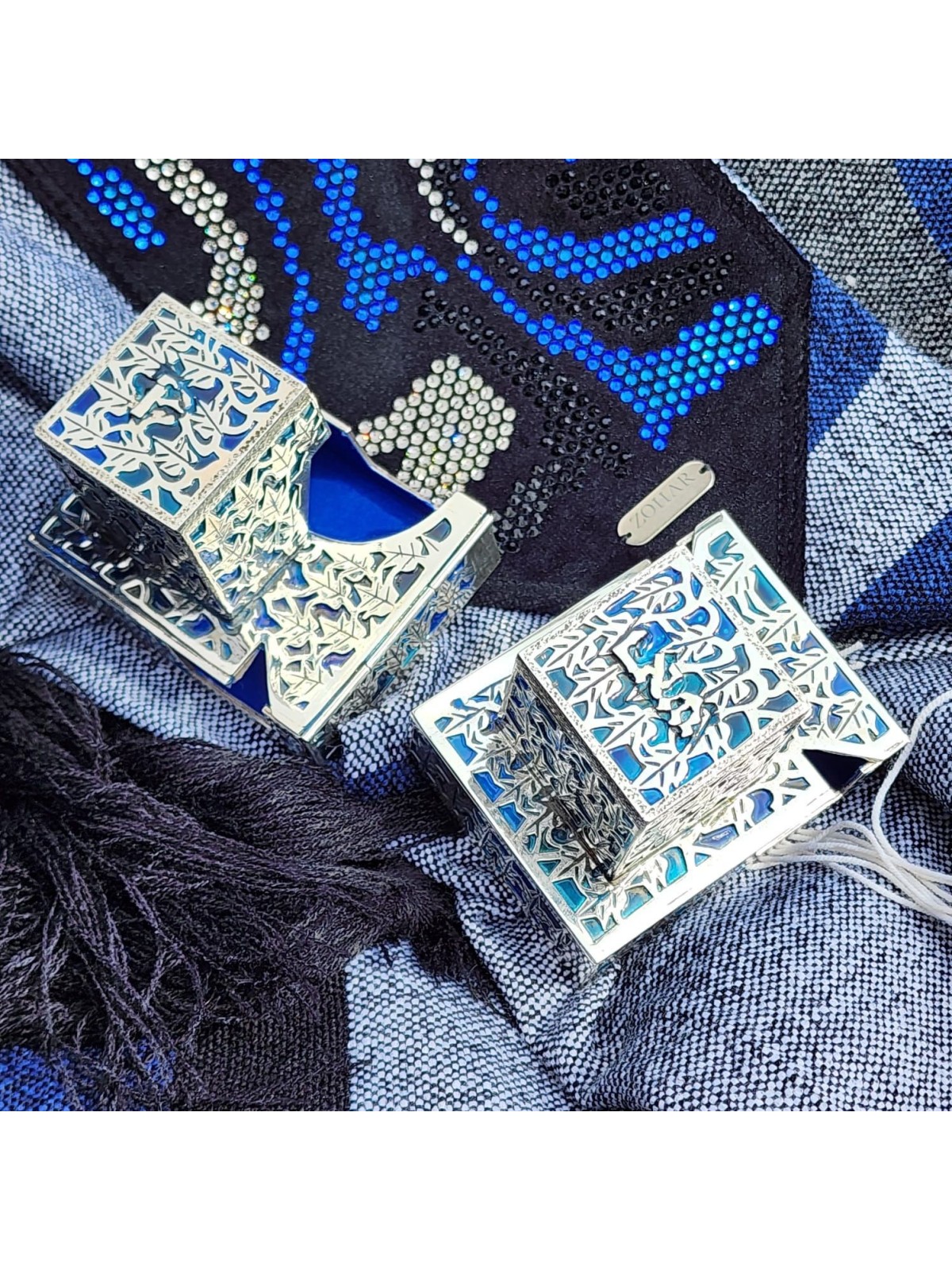 Unique Personalized Tefillin Covers with Blue Enam , Tefillin and Tefi