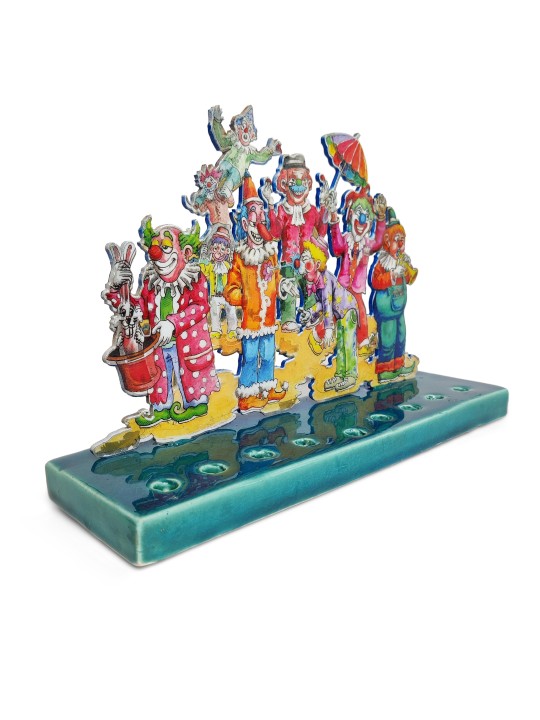 Clowns de cirque multicolores Hanukiah en céramique, Hanukkah coloré