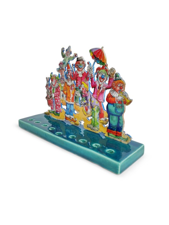 Clowns de cirque multicolores Hanukiah en céramique, Hanukkah coloré