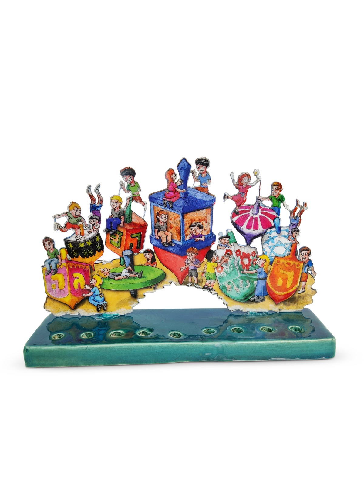 Cool Standing Menorah Shape with Dreidels and Kids , Colorful Hanukkah