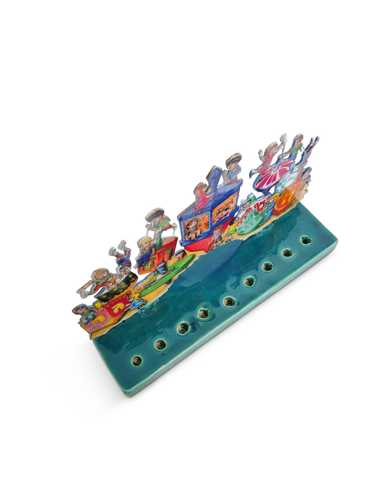 Cool Standing Menorah Shape with Dreidels and Kids , Colorful Hanukkah