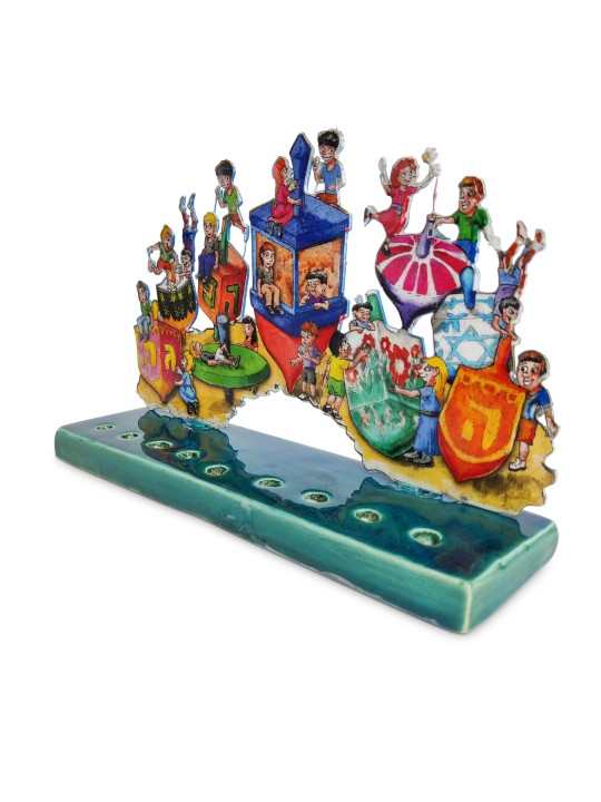 Cool Standing Menorah Shape with Dreidels and Kids , Colorful Hanukkah