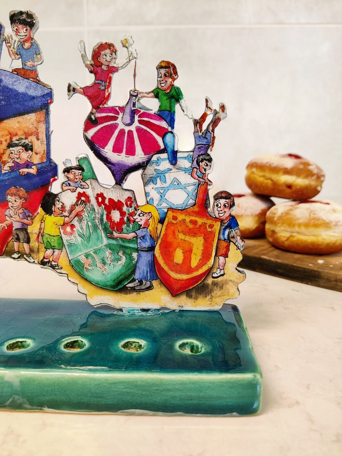 Cool Standing Menorah Shape with Dreidels and Kids , Colorful Hanukkah
