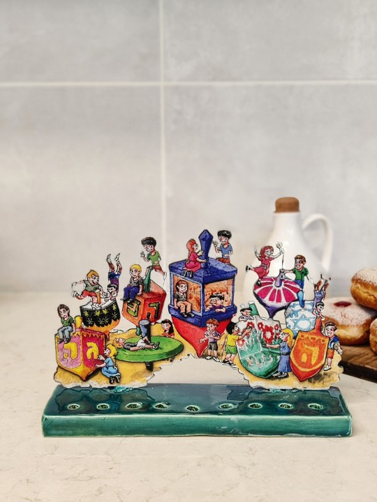 Cool Standing Menorah Shape with Dreidels and Kids , Colorful Hanukkah