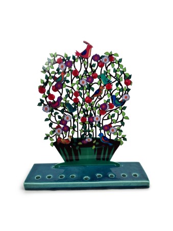 Multicolored Painted Metal Menorah with Flowers an , Colorful Hanukkah