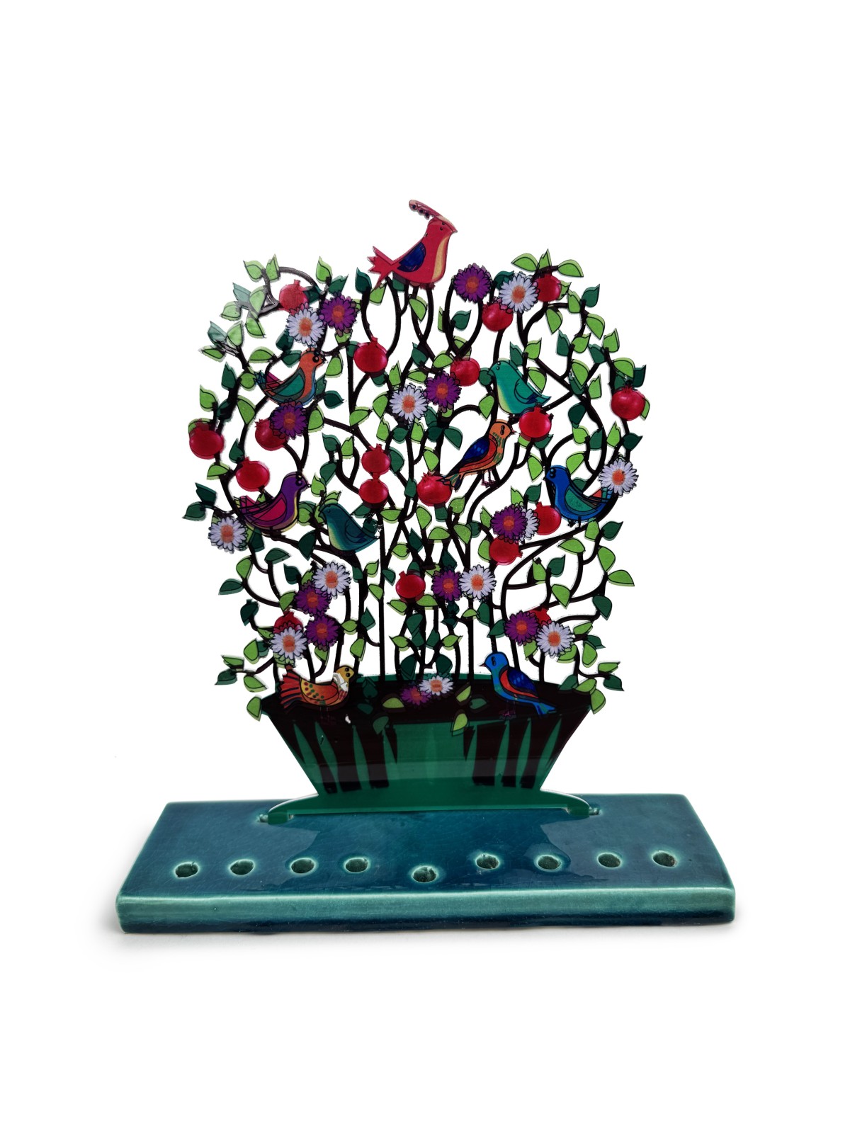 Menorah en métal peint multicolore avec des fleurs et Hanukkah colorée