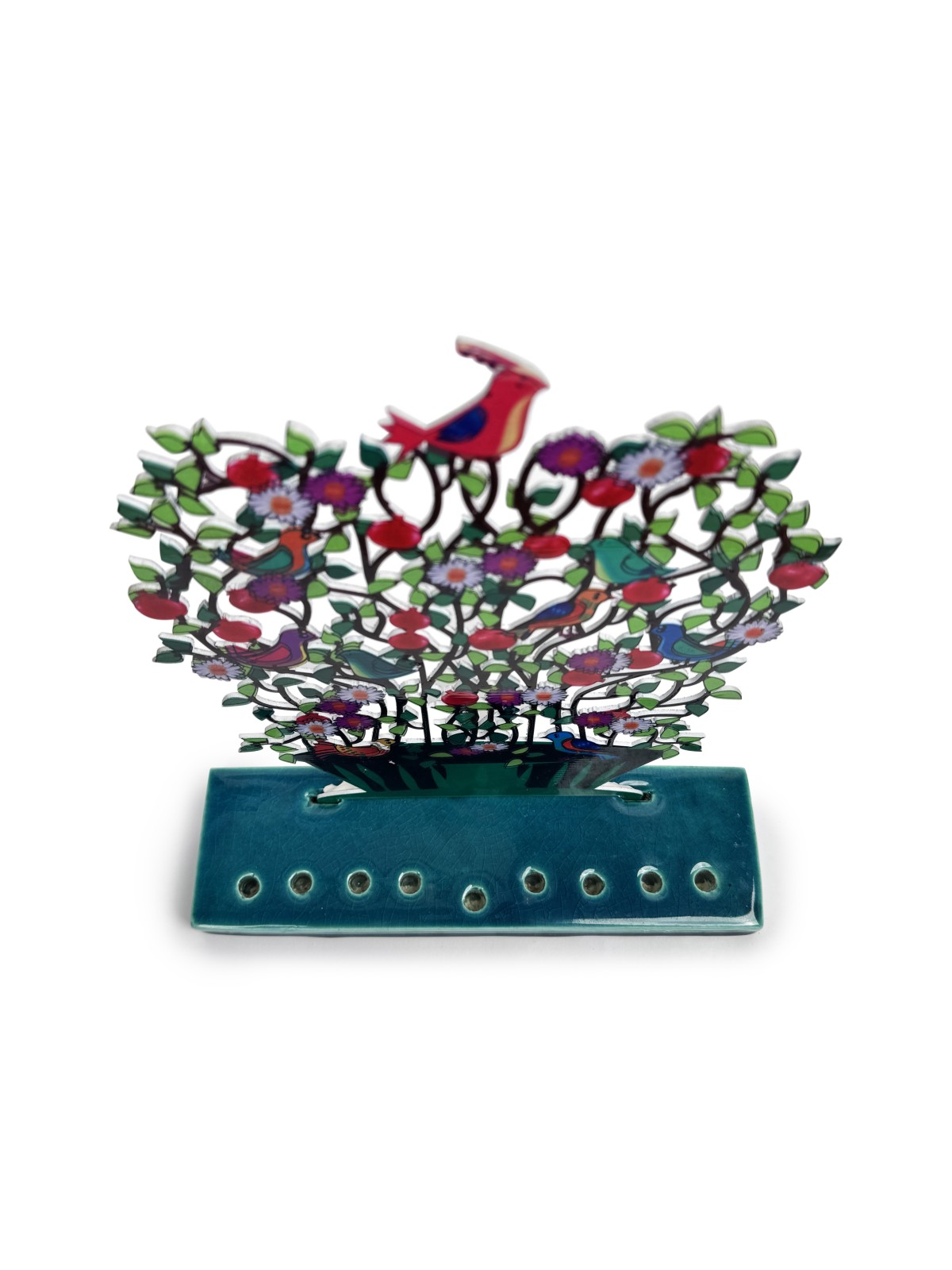 Multicolored Painted Metal Menorah with Flowers an , Colorful Hanukkah