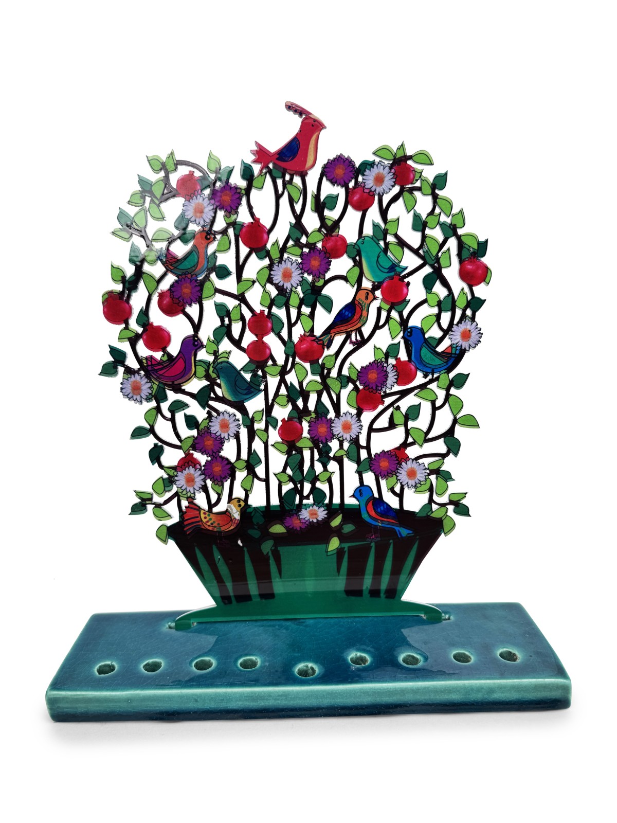 Multicolored Painted Metal Menorah with Flowers an , Colorful Hanukkah
