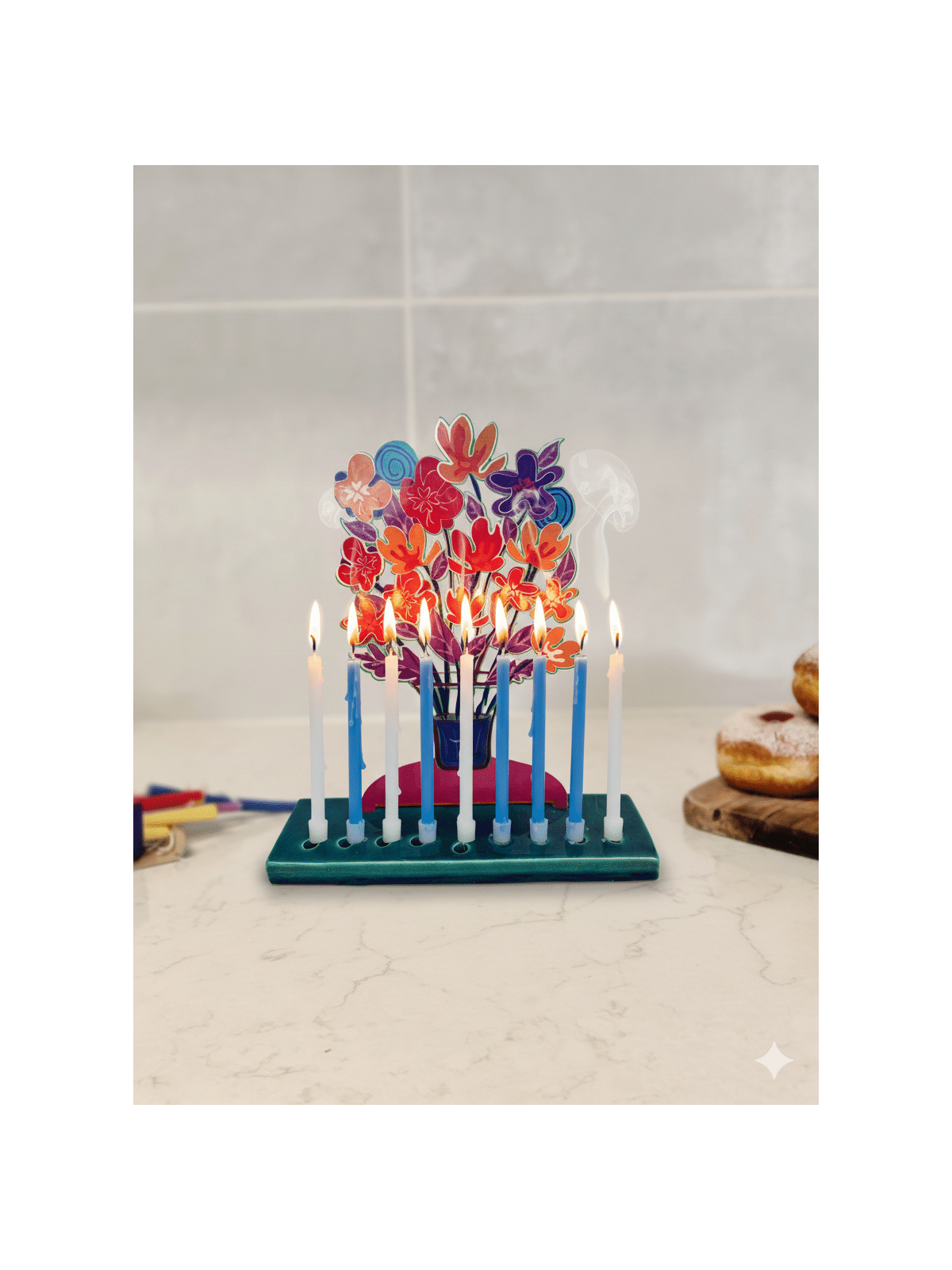 Colourful Vibrant Floral Symphony Menorah with Art , Colorful Hanukkah