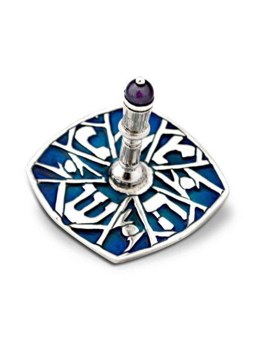 Dreidel bleu avec pierre d’améthyste naturelle, Dreidels, Judaica israélienne