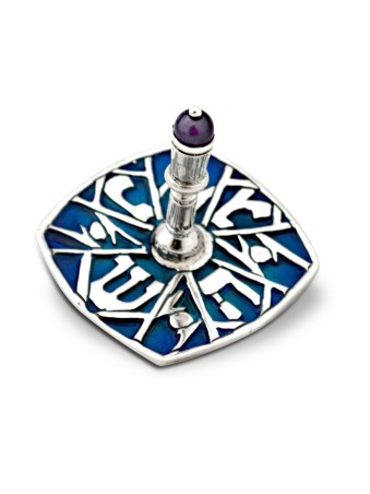 Dreidel bleu avec pierre d’améthyste naturelle, Dreidels, Judaica israélienne