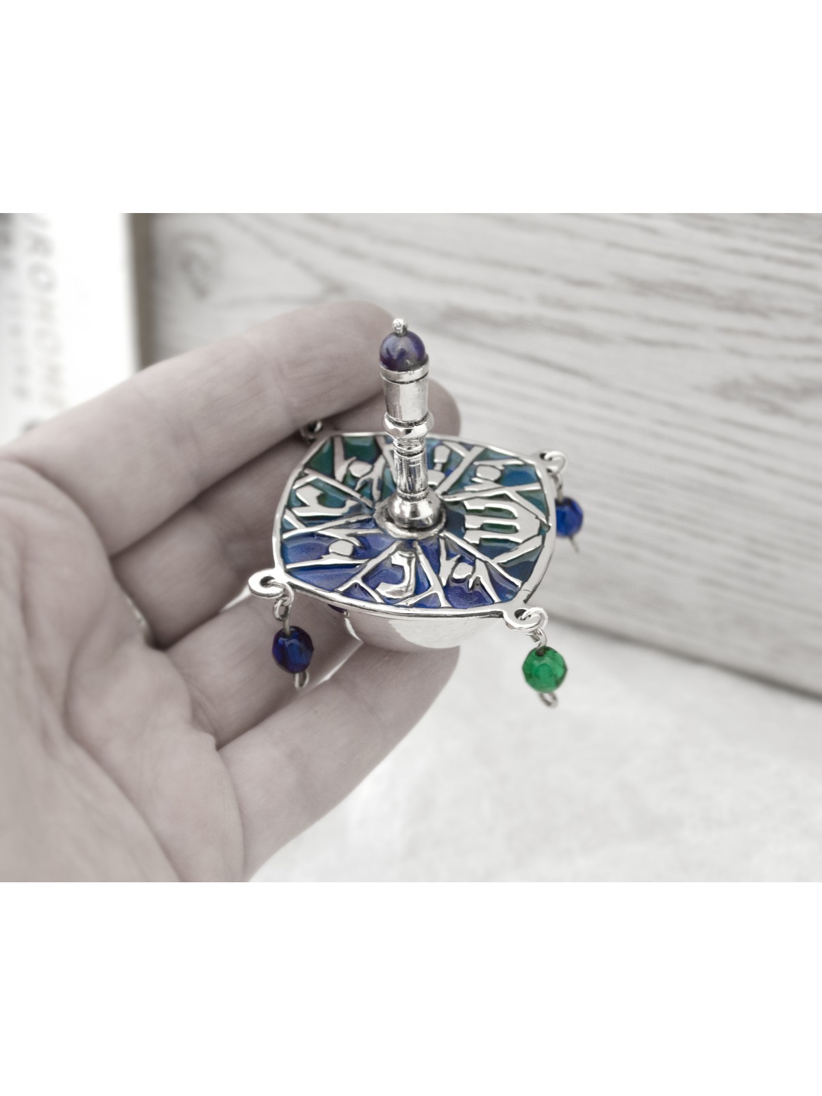 Argent sterling Émail bleu et perles Dreidel , Dreidels , Judai israélien