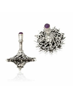Superbe Dreidel en argent avec pierre d'améthyste, Dreidels, Judai israélien