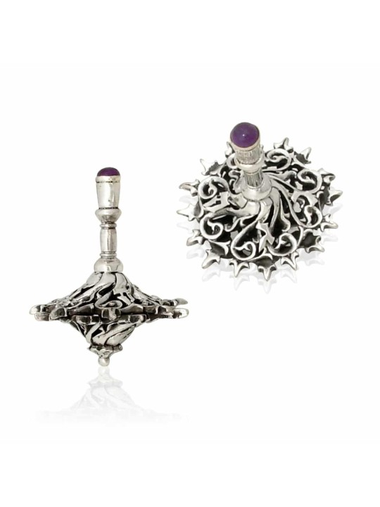Superbe Dreidel en argent avec pierre d'améthyste, Dreidels, Judai israélien