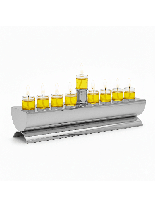 Menorah ronde et plate plaquée argent de créateur - Made i, Hanukkah moderne M