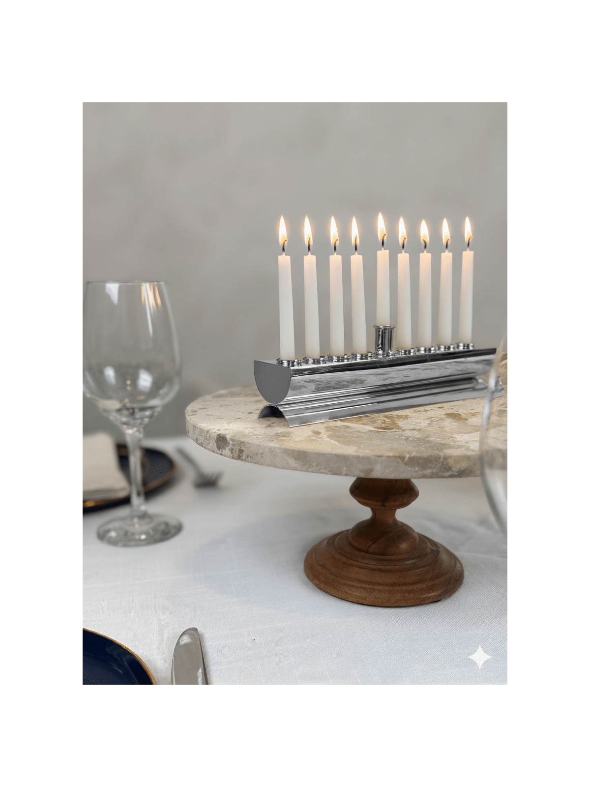 Designer Round Flat Silver Plated Menorah - Made i , Modern Hanukkah M