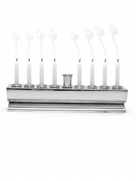 Designer Round Flat Silver Plated Menorah - Made i , Modern Hanukkah M