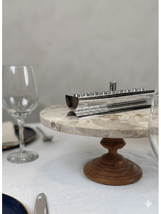 Designer Round Flat Silver Plated Menorah - Made i , Modern Hanukkah M