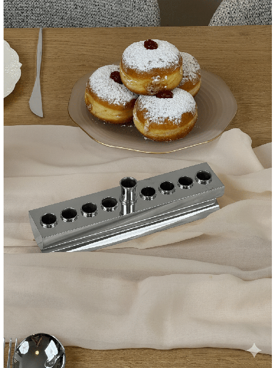 Designer Round Flat Silver Plated Menorah - Made i , Modern Hanukkah M
