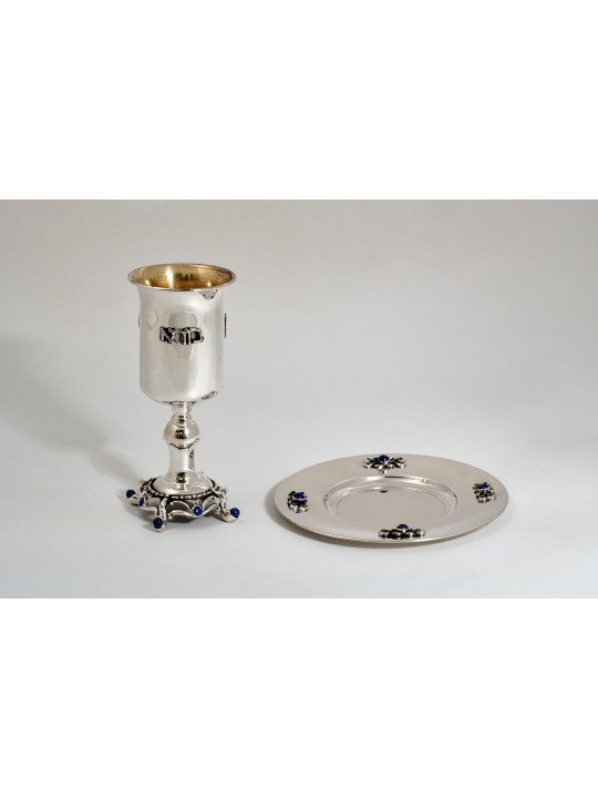 Assiette de coupe de Kiddouch en argent avec pierre de lapis sertie à la main, cadeaux Tu B'Av, I