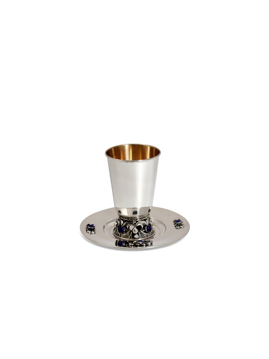 Assiette de coupe de Kiddouch en argent avec pierre de lapis sertie à la main, cadeaux Tu B'Av, I