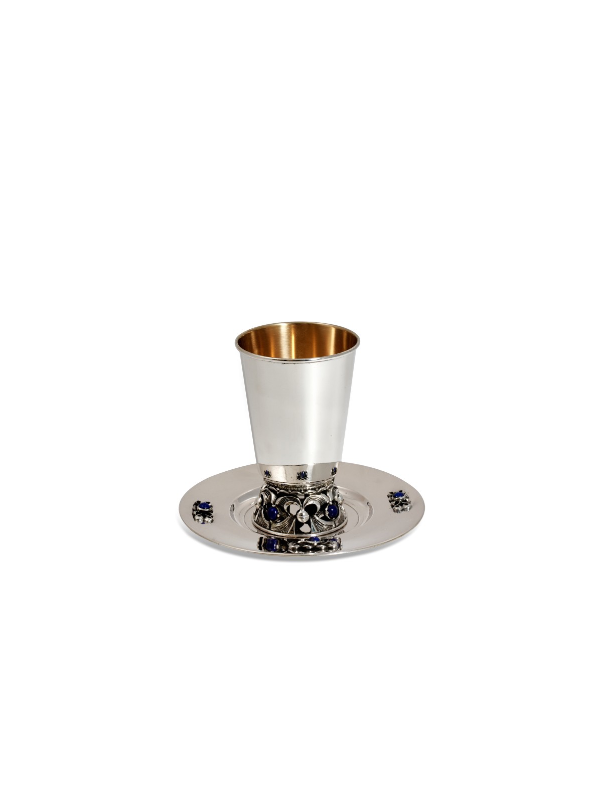 Silver Kiddush Cup Plate with Hand-Set Lapis Stone , Tu B'Av Gifts , I