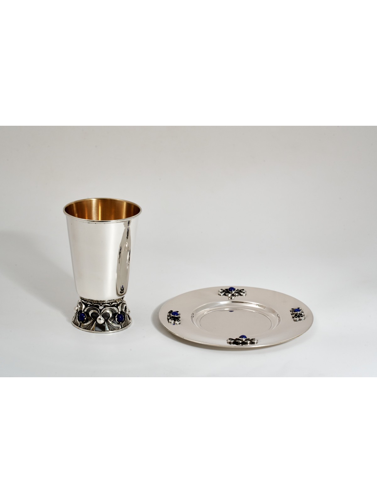 Assiette de coupe de Kiddouch en argent avec pierre de lapis sertie à la main, cadeaux Tu B'Av, I