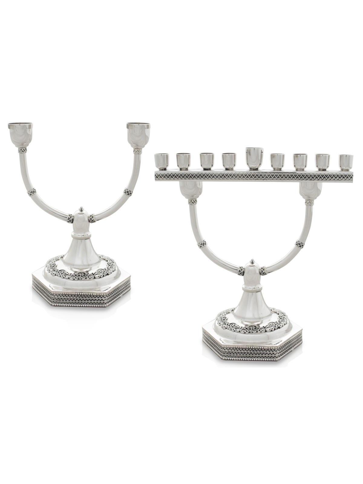 Menorah & Shabbat Candlesticks with Yemenite Filig , Sterling Silver C