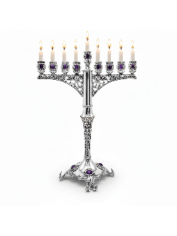 Royal Large Silver Hanukkah Menorah avec améthyste , Cadeaux Hanukkah ,