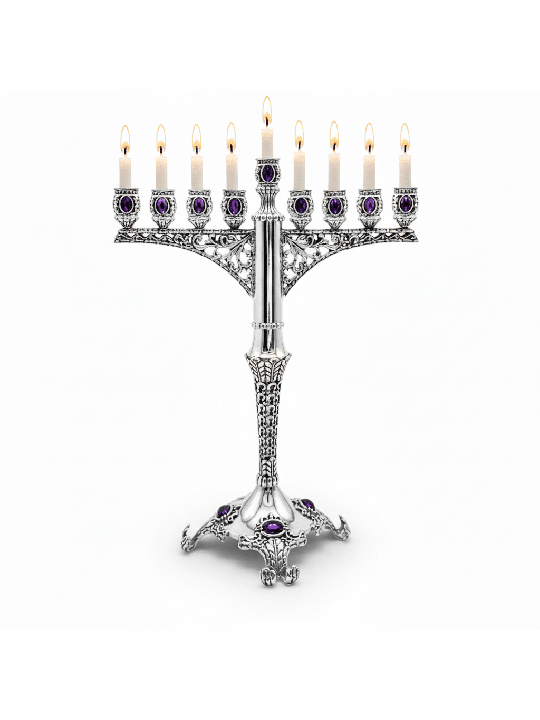 Royal Large Silver Hanukkah Menorah avec améthyste , Cadeaux Hanukkah ,