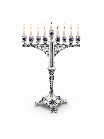 Royal Large Silver Hanukkah Menorah avec améthyste , Cadeaux Hanukkah ,
