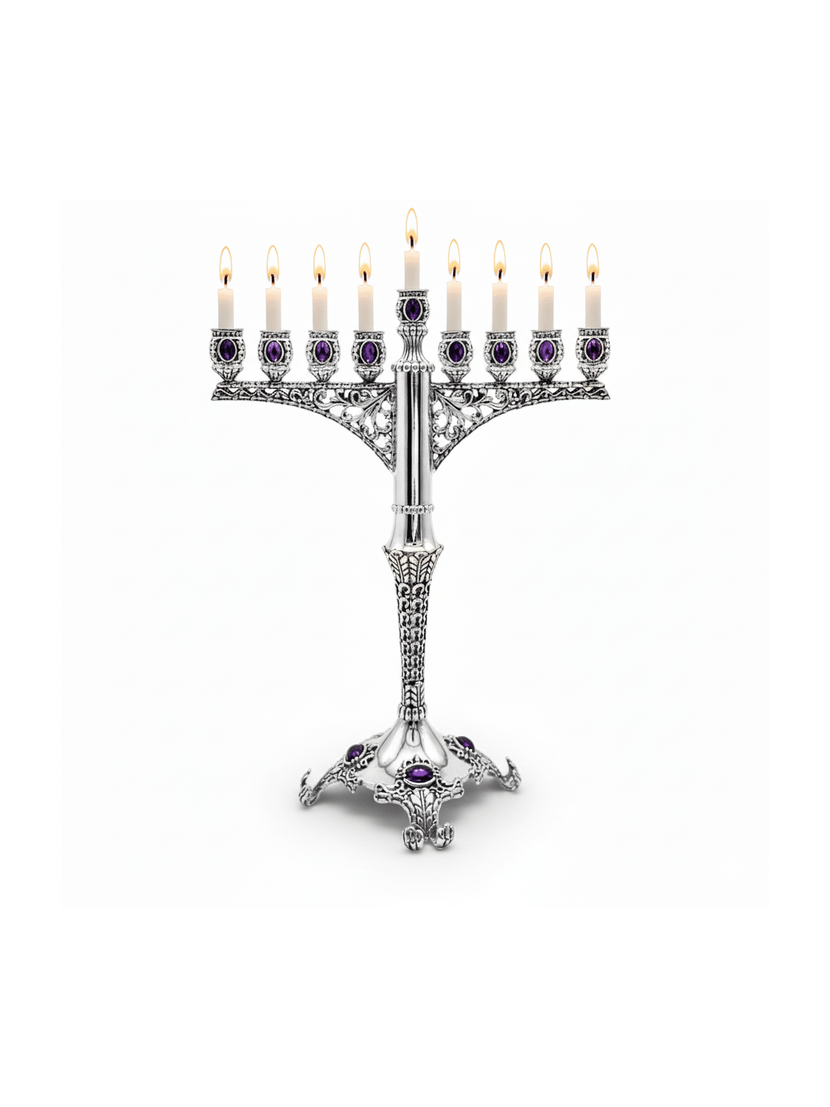 Royal Large Silver Hanukkah Menorah avec améthyste , Cadeaux Hanukkah ,