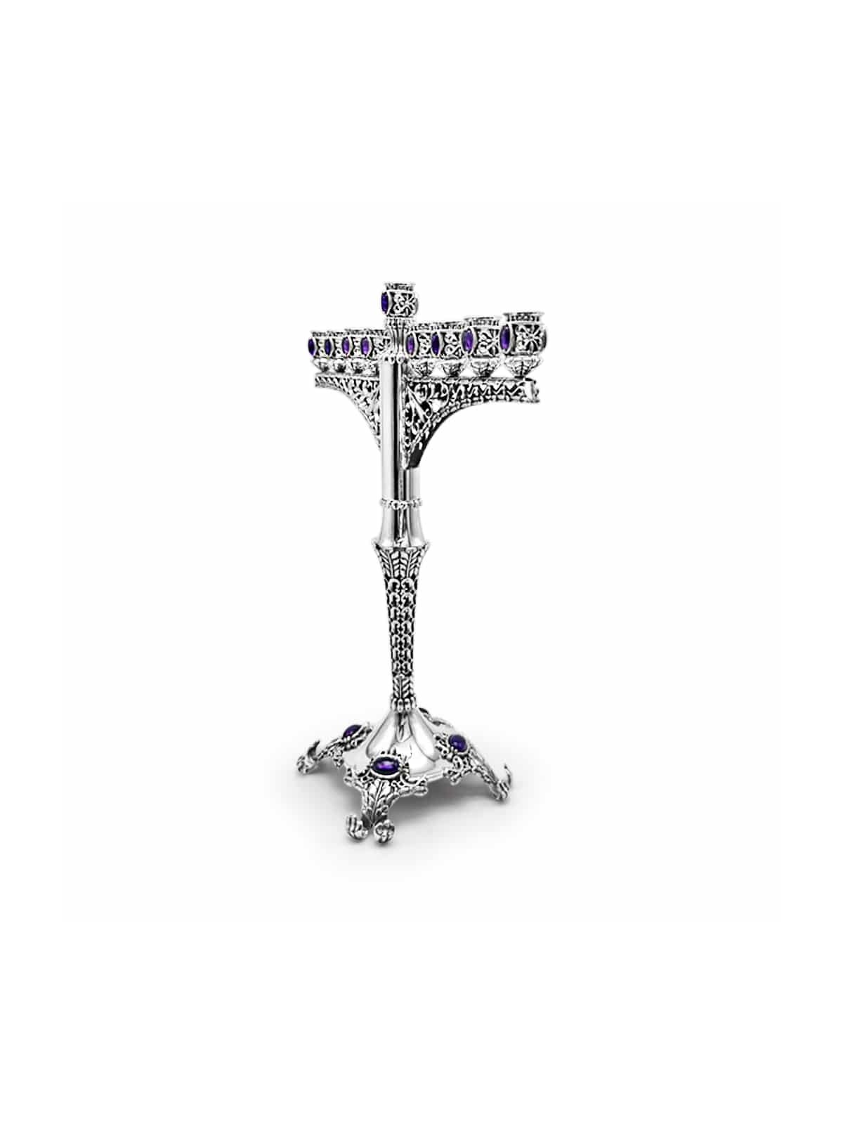 Royal Large Silver Hanukkah Menorah avec améthyste , Cadeaux Hanukkah ,