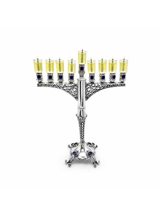 Royal Large Silver Hanukkah Menorah avec améthyste , Cadeaux Hanukkah ,