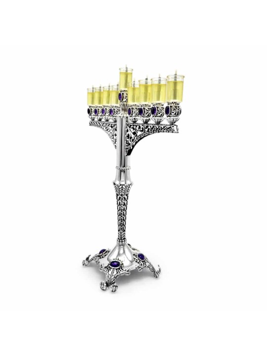 Royal Large Silver Hanukkah Menorah avec améthyste , Cadeaux Hanukkah ,