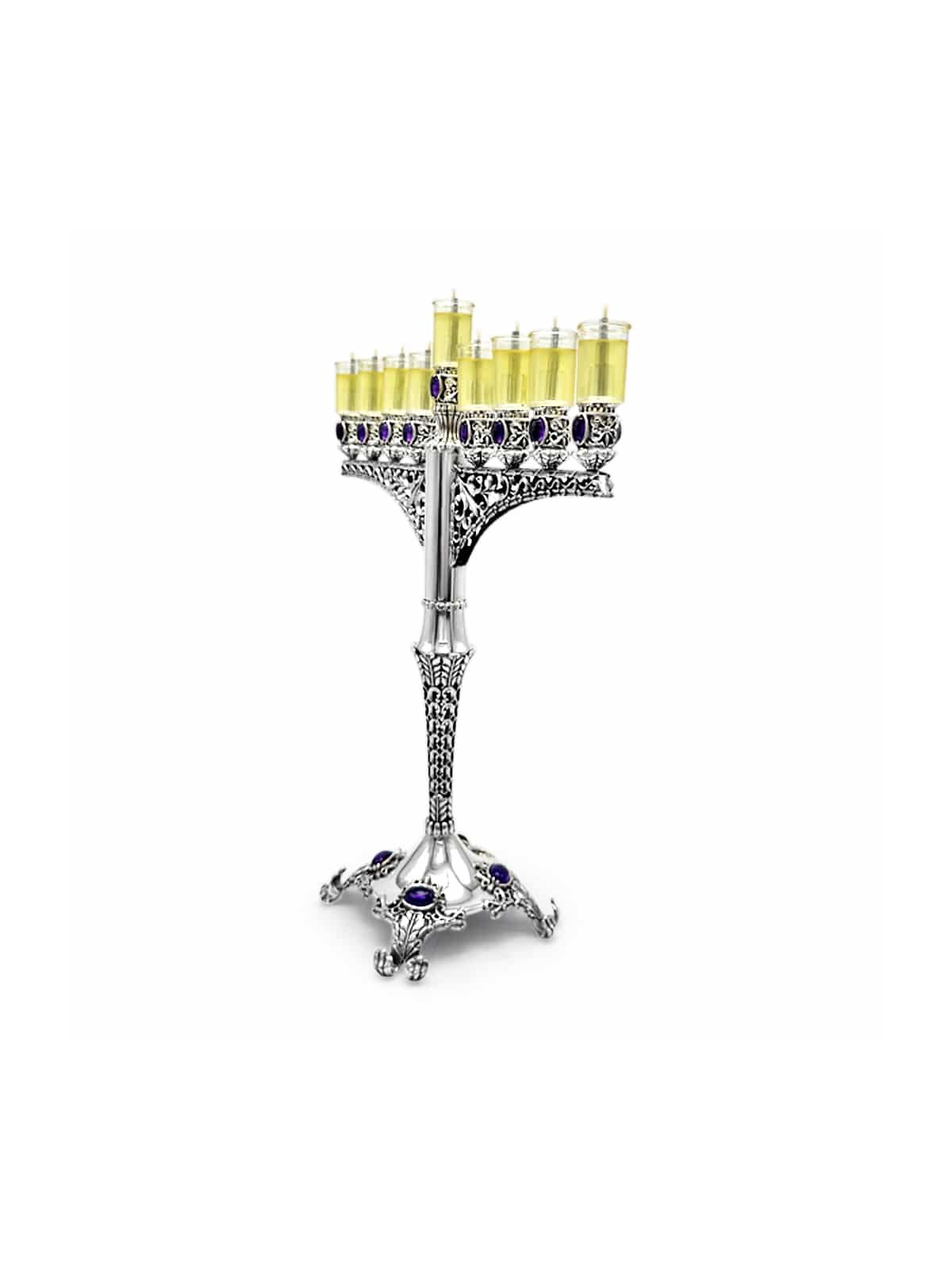 Royal Large Silver Hanukkah Menorah avec améthyste , Cadeaux Hanukkah ,