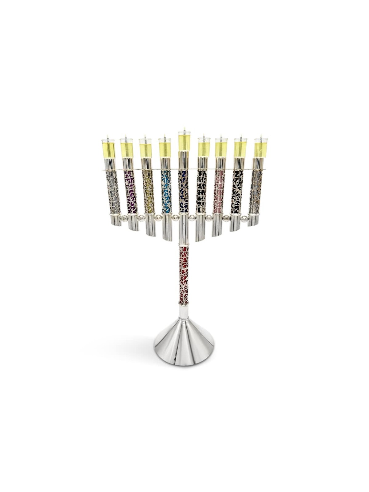 Menorah de Hanoukka en argent énorme de luxe avec En personnalisé, Hanoukka colorée