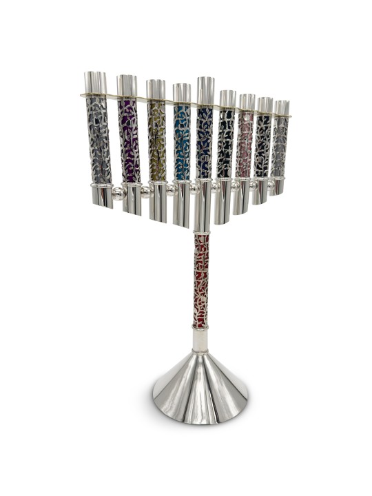 Menorah de Hanoukka en argent énorme de luxe avec En personnalisé, Hanoukka colorée