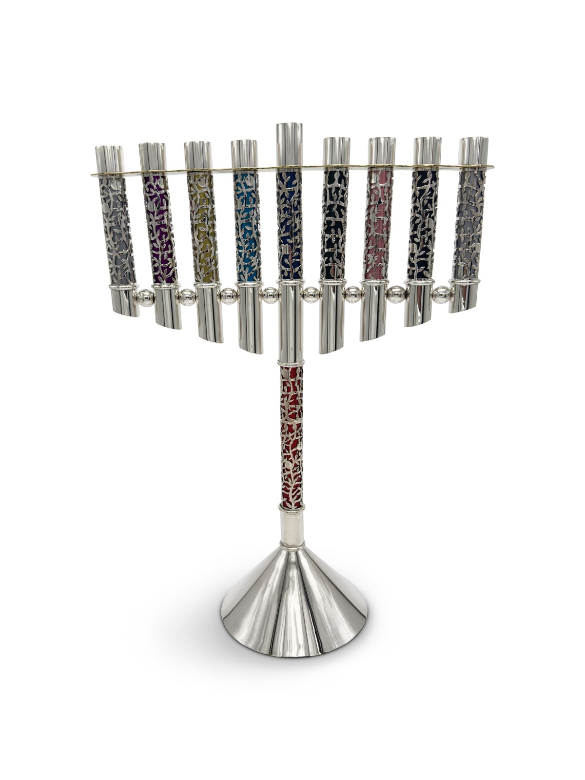 Menorah de Hanoukka en argent énorme de luxe avec En personnalisé, Hanoukka colorée
