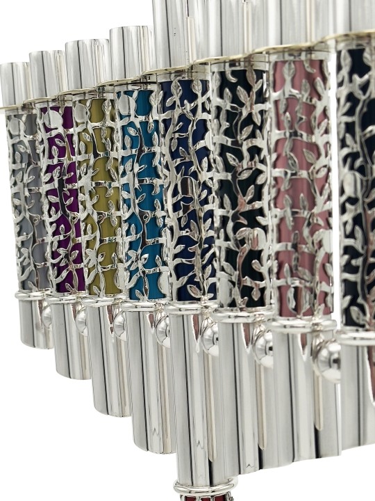 Menorah de Hanoukka en argent énorme de luxe avec En personnalisé, Hanoukka colorée