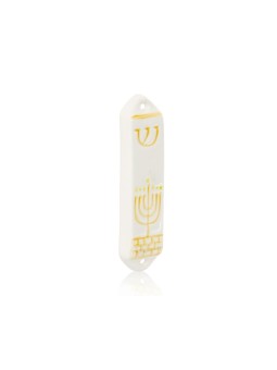Ceramic Mezuzah with Handmade Painting of Menorah , Ceramic Mezuzah Ca