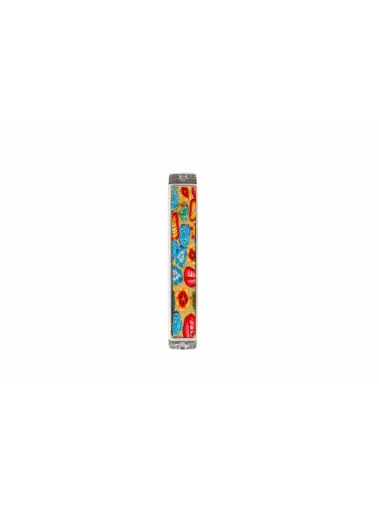 Colourful Mezuzah Flowers blue and red , Extra Large Mezuzah , Israeli