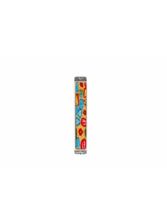 Colourful Mezuzah Flowers blue and red , Extra Large Mezuzah , Israeli