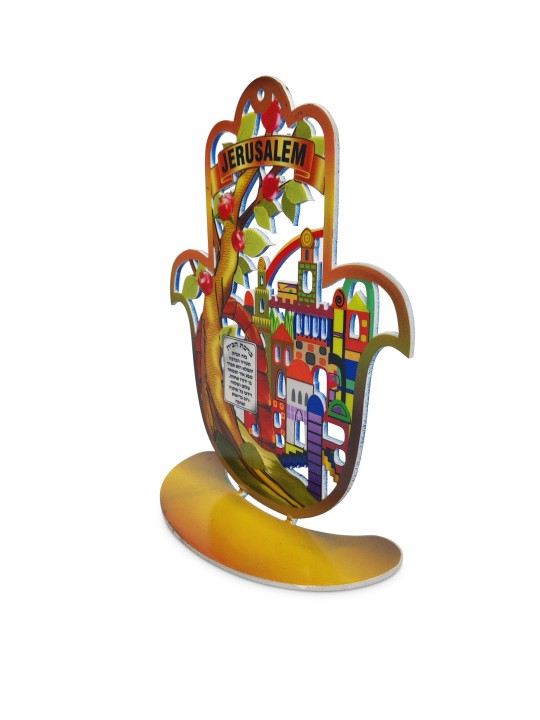 Multicolored Metal Jerusalem Hamsa Sculpture with  , Jewish Home Bless