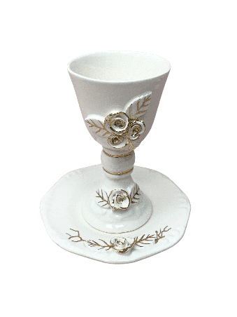 Ceramic Wine Glass and Plate in White & Gold , Passover Gifts , Israel