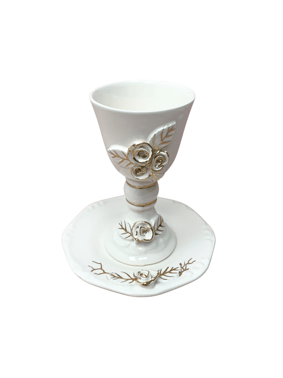 Ceramic Wine Glass and Plate in White & Gold , Passover Gifts , Israel