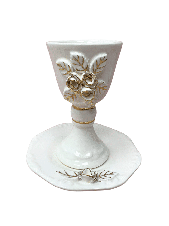 Tasse à vin et assiette en céramique blanche avec détails dorés, cadeaux de Pâque,