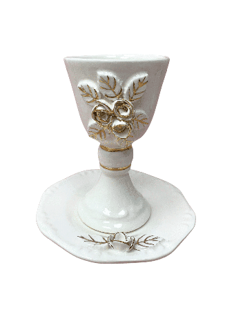 White Ceramic Wine Cup and Plate with Gold Detaili , Passover Gifts ,