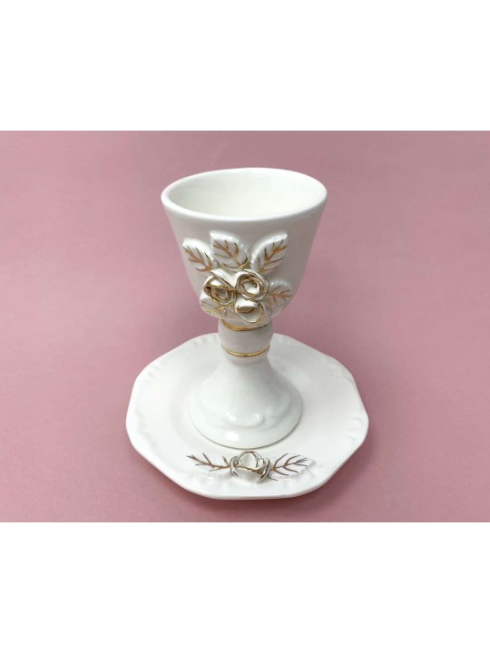 White Ceramic Wine Cup and Plate with Gold Detaili , Passover Gifts ,